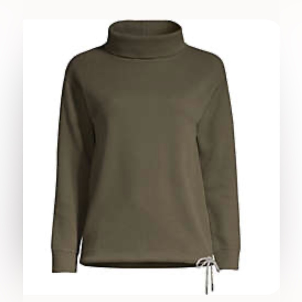 Petite long-sleeved waffle funnel neck top tunic length drawstring moss green